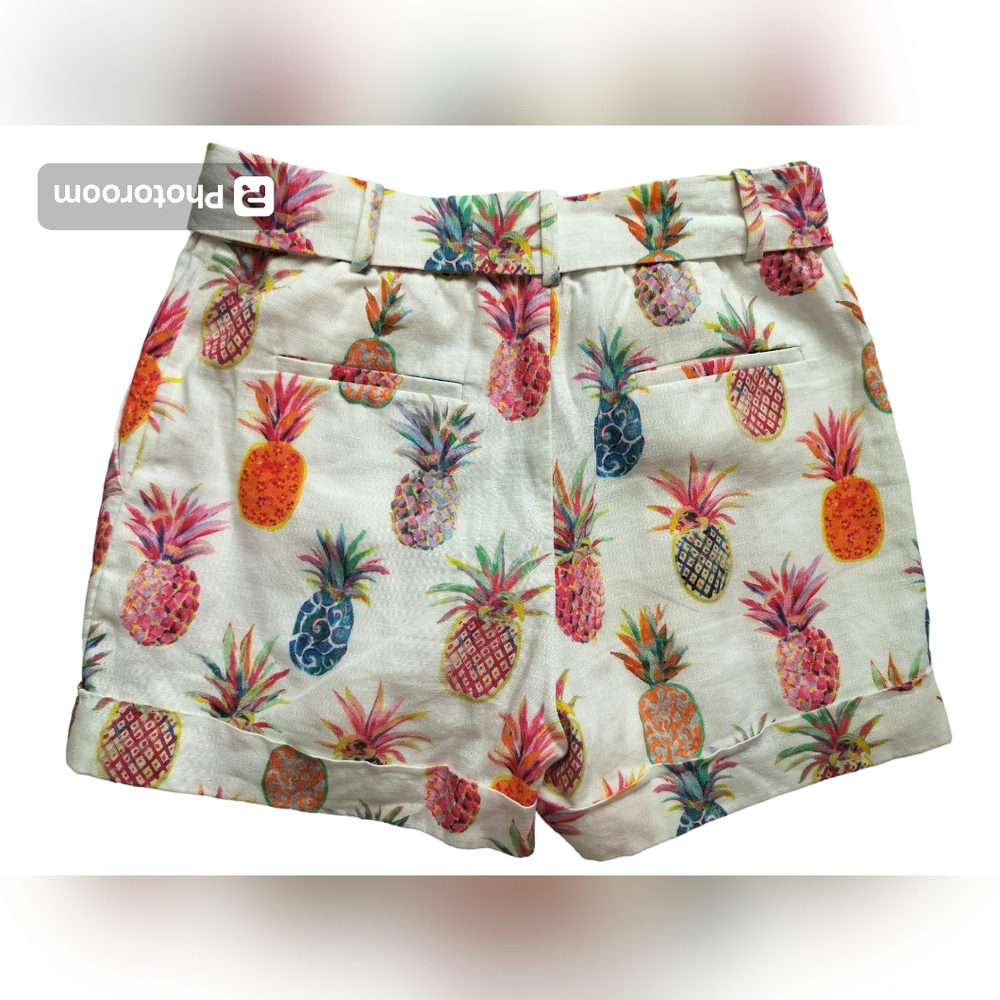 J. Crew women's Pineapple Print Paper Bag Belted Linen Casual Short Size 2 - Picture 7 of 15